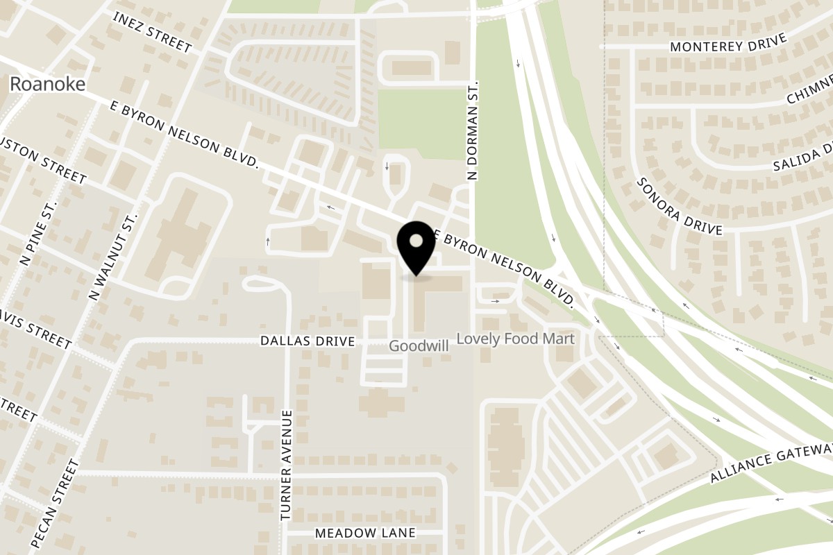 Map showing the location of Taco 'N' Madre Taqueria on 610 Byron Nelson Blvd #108 in Roanoke